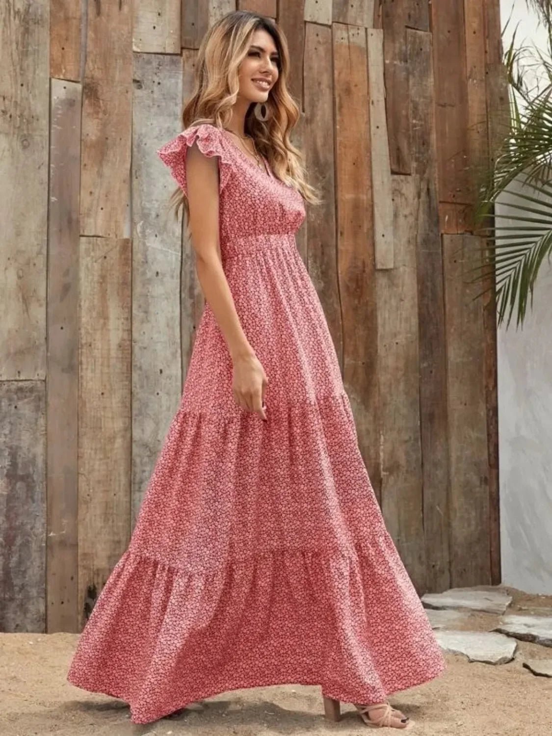 V-Neck Ruffled Cap Sleeve Prairie Maxi Dress - minbolu -
