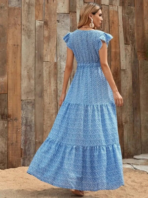V-Neck Ruffled Cap Sleeve Prairie Maxi Dress - minbolu -
