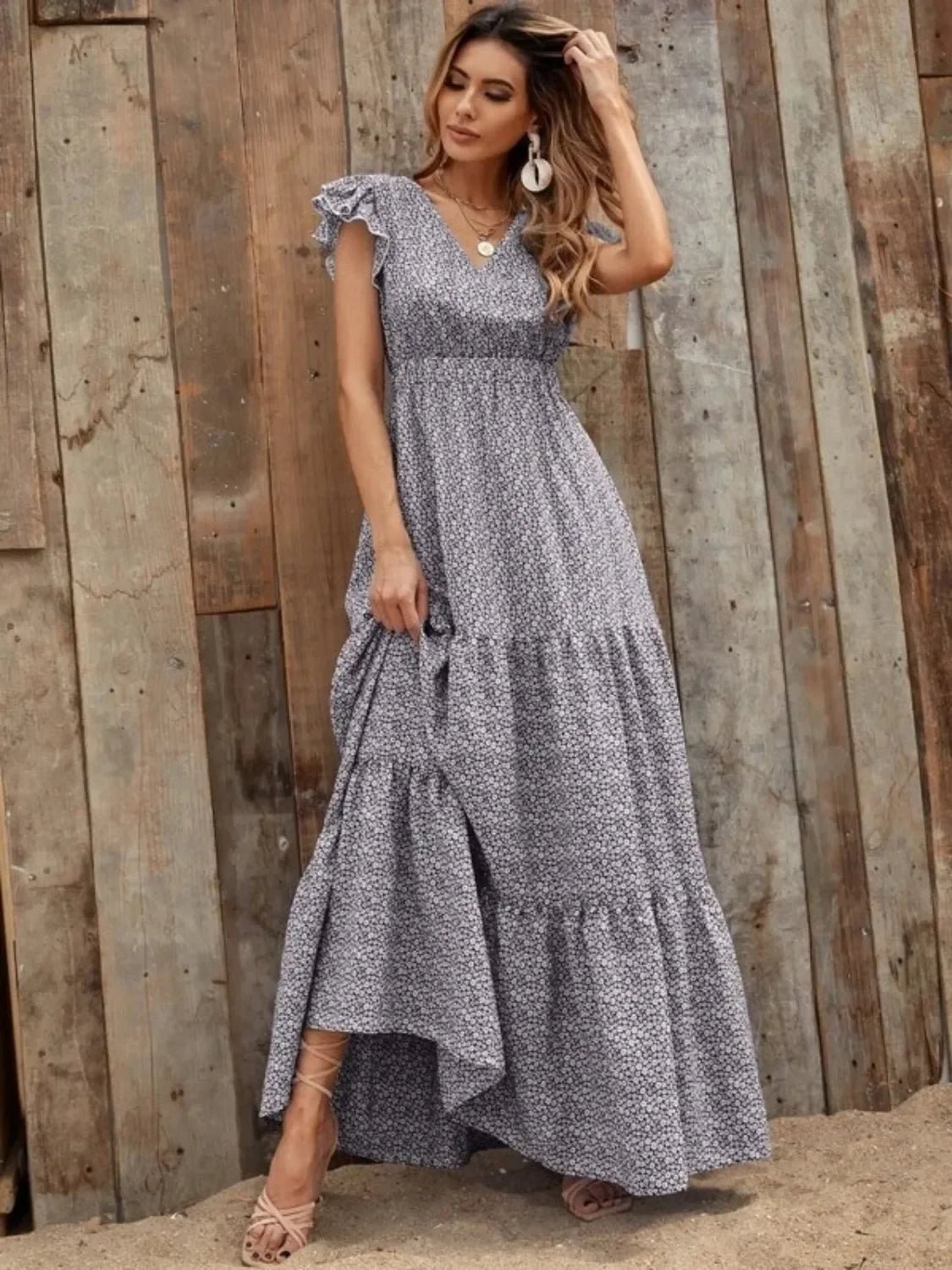V-Neck Ruffled Cap Sleeve Prairie Maxi Dress - minbolu -