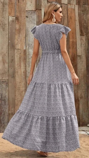 V-Neck Ruffled Cap Sleeve Prairie Maxi Dress - minbolu -