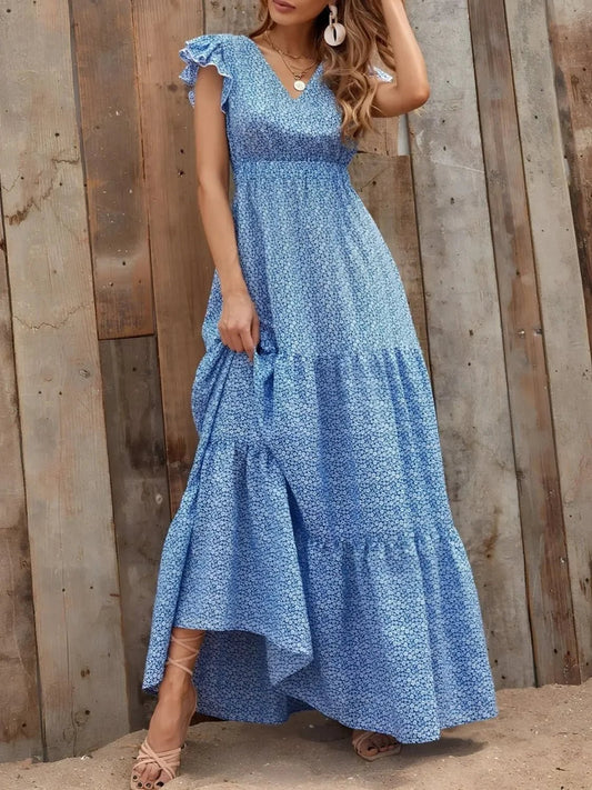 V-Neck Ruffled Cap Sleeve Prairie Maxi Dress - minbolu -