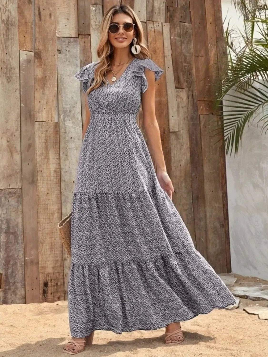 V-Neck Ruffled Cap Sleeve Prairie Maxi Dress - minbolu -