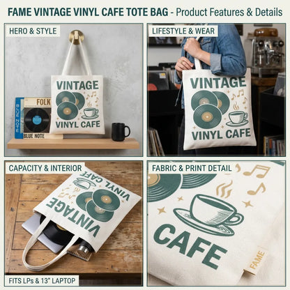 four square of roduct images for vintage vinyl cafe shopping tote.