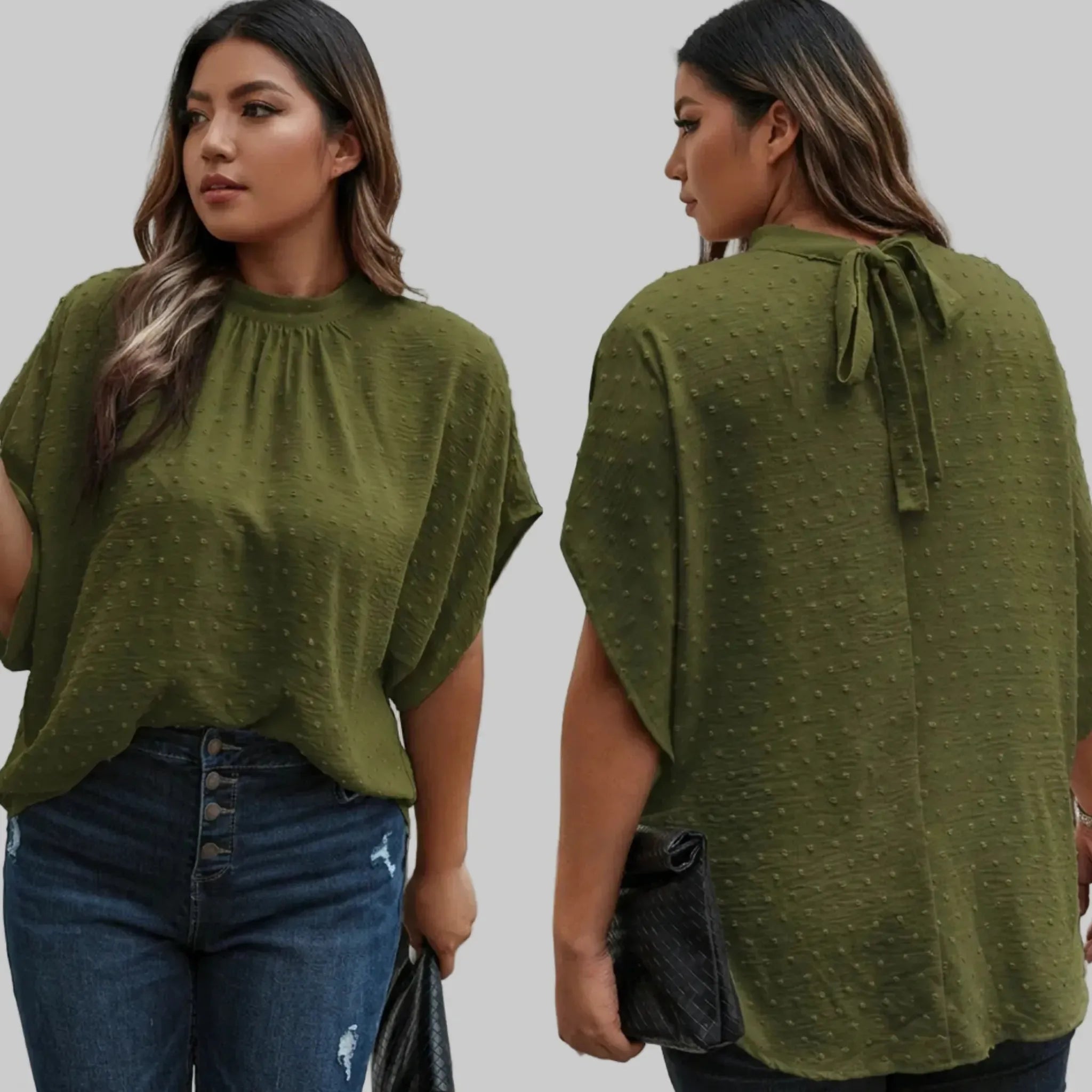 Woman wearing a green top with a tie detail, shown from front and back, on a plain background.