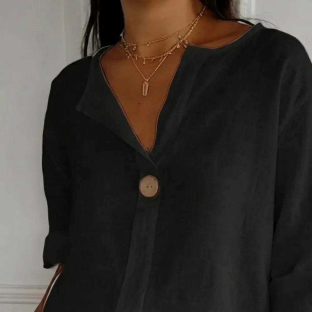 Linen Blend Notched Blouse - Lightweight Minimalist Top for Women