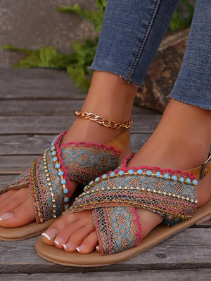 Women's Bohemian Cross-Strap Flat Sandals - Comfortable Ankle Buckle Strappy Sandals - minbolu -