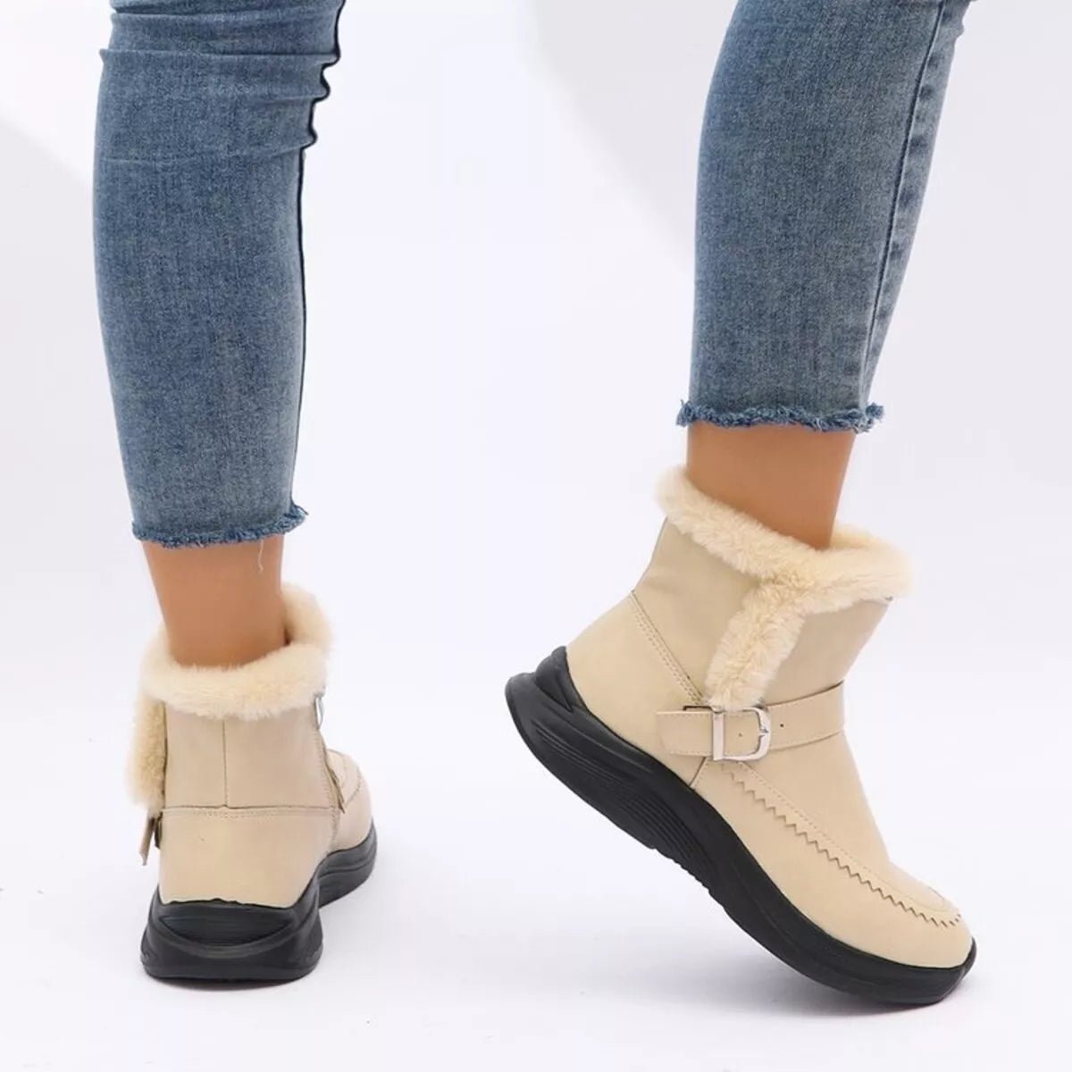 Faux Fur Buckle Boots - minbolu -