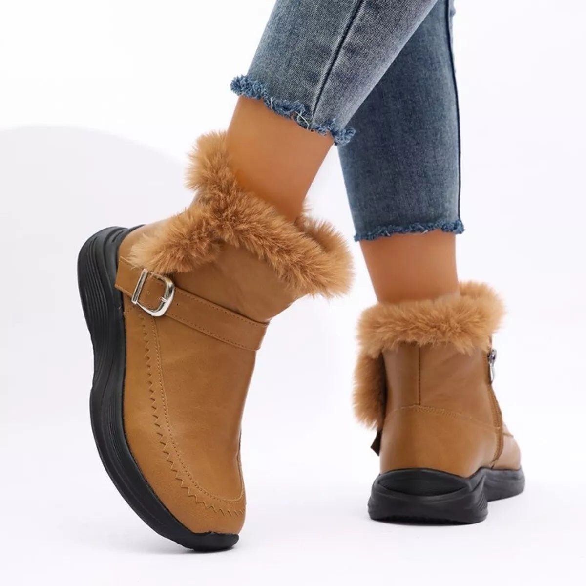 Faux Fur Buckle Boots - minbolu -