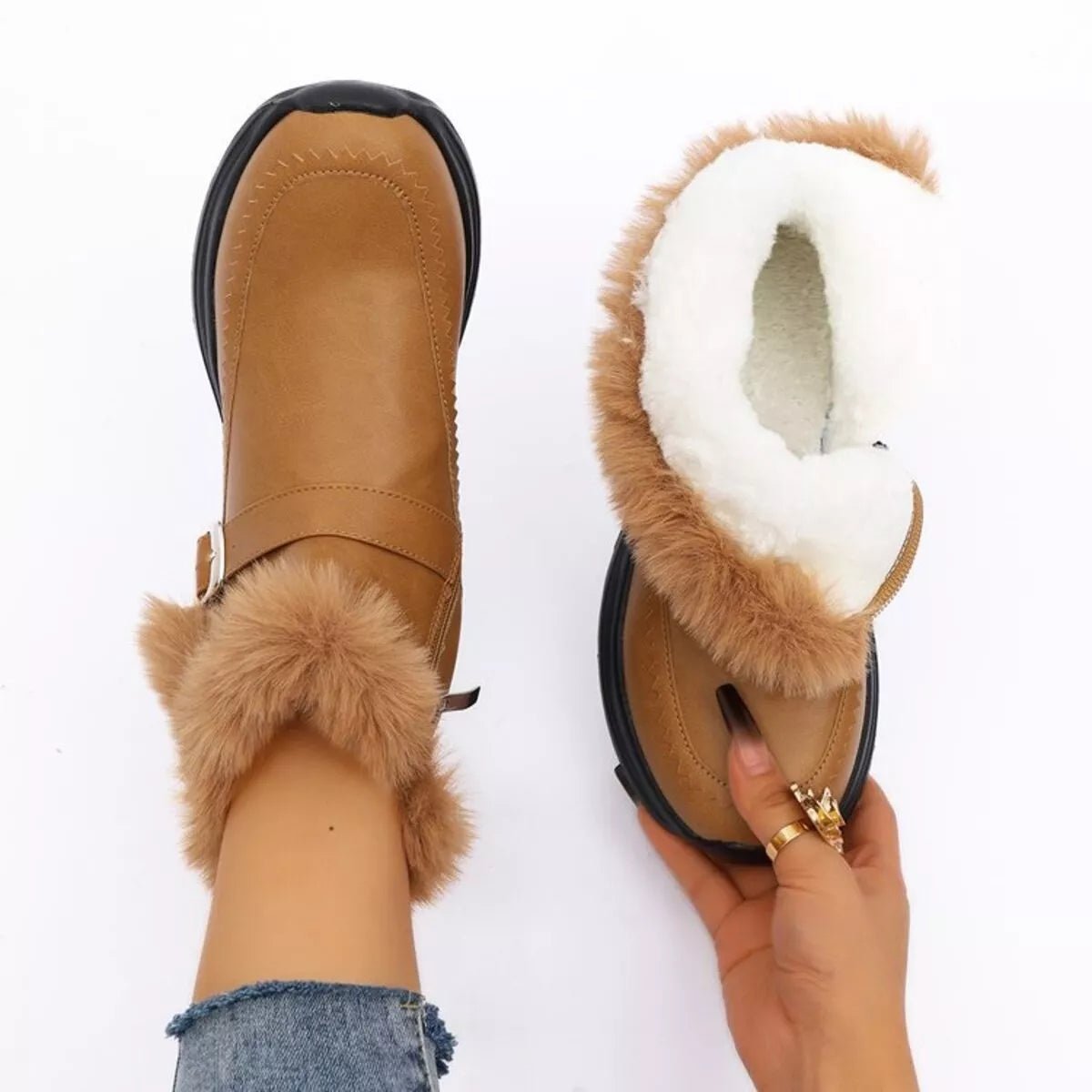 Faux Fur Buckle Boots - minbolu -