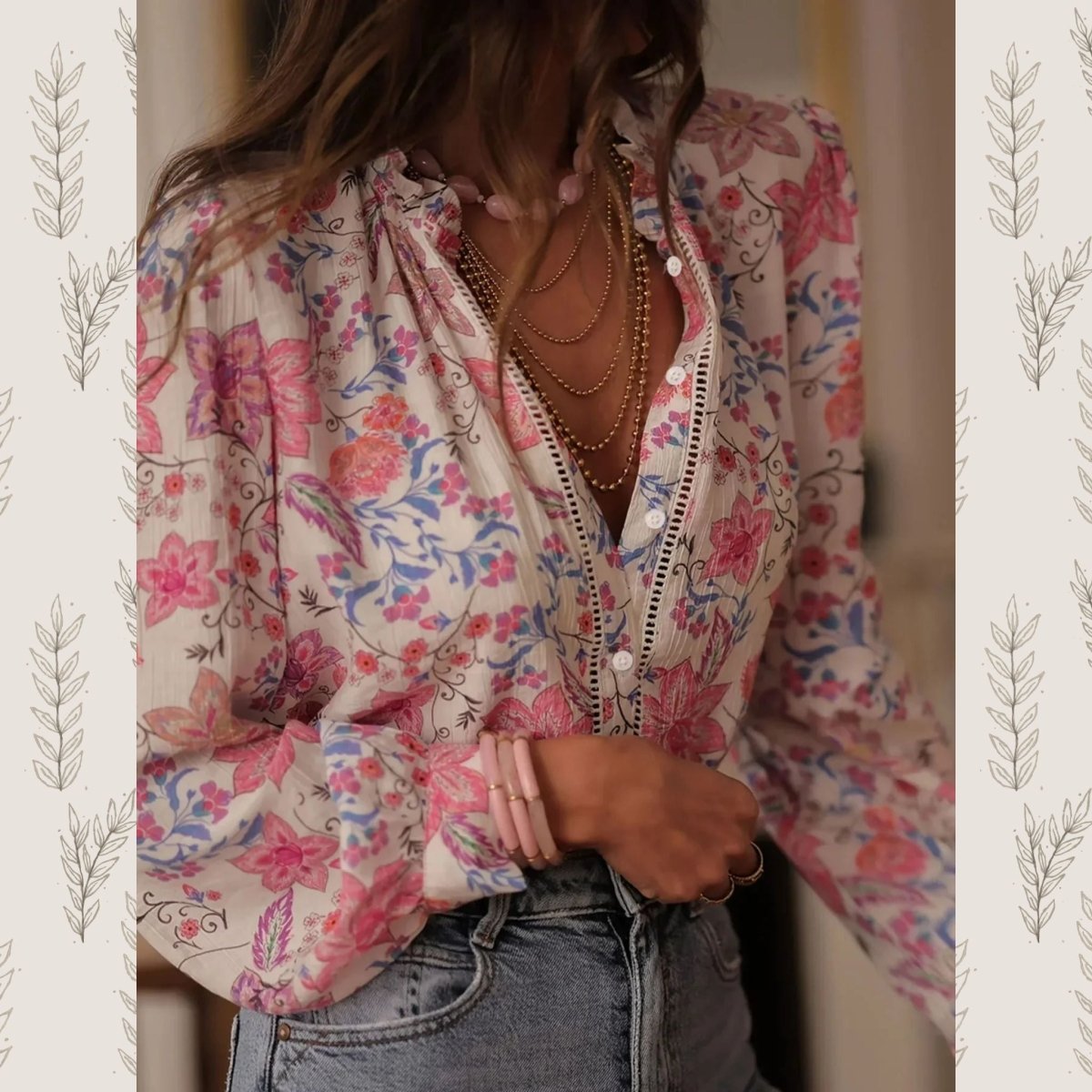 Women's Floral Button Up Shirt - Professional Long Sleeve Blouse - minbolu -