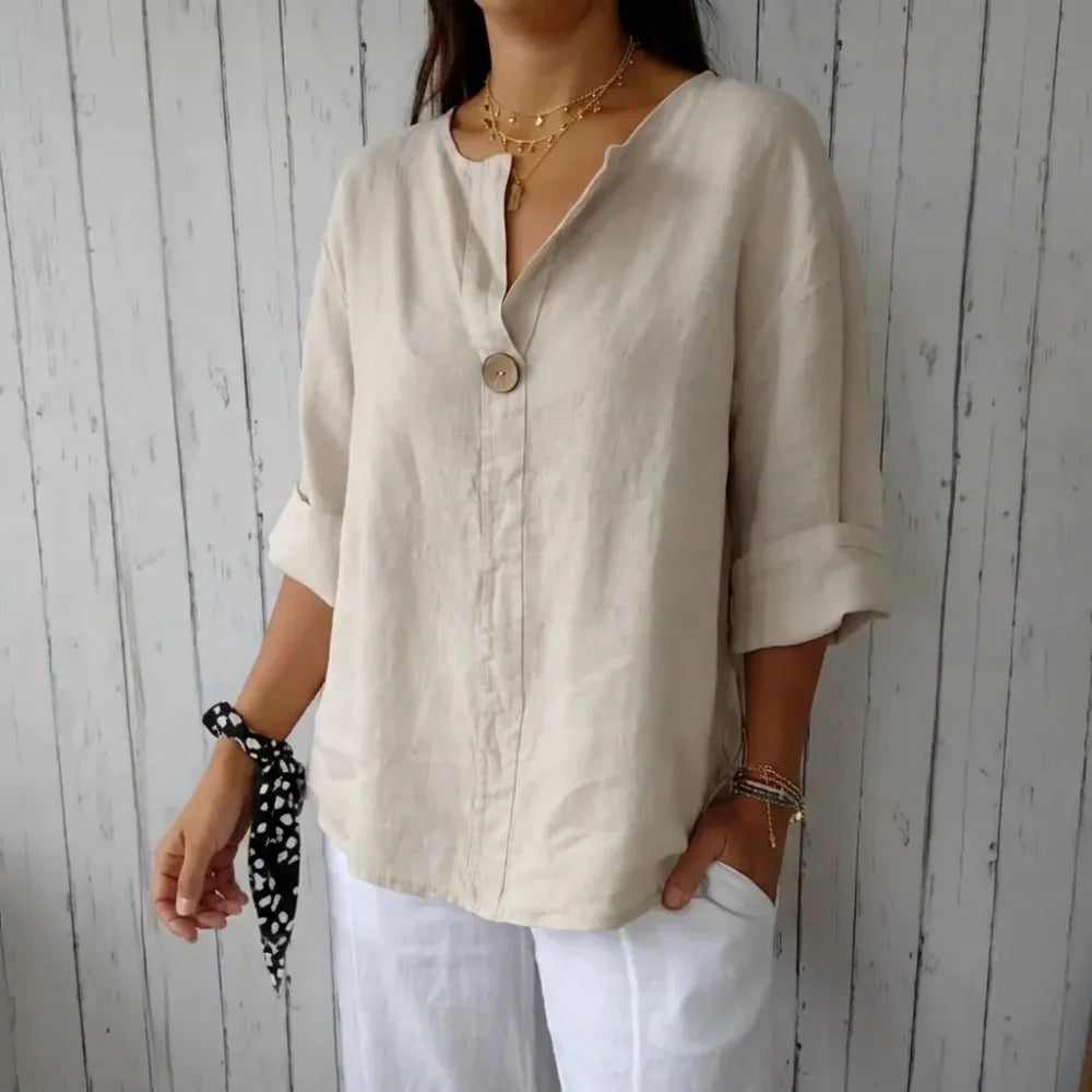 Linen Blend Notched Blouse - Lightweight Minimalist Top for Women