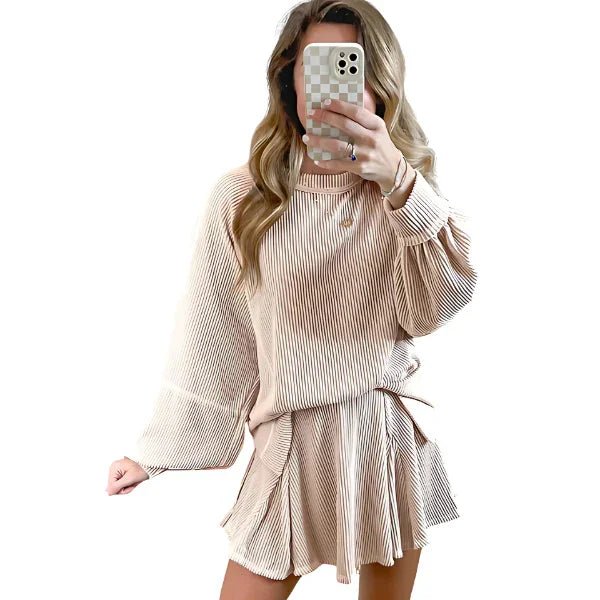 Women's Top and Skirt Set - Corded Lantern Sleeve Pullover with Ruffle Mini Skirt - minbolu -