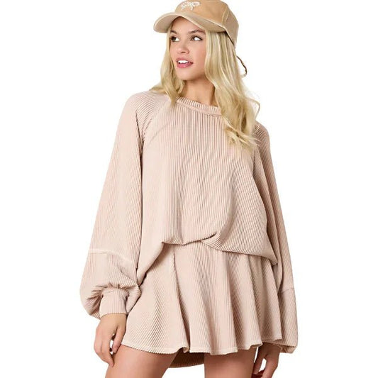 Women's Top and Skirt Set - Corded Lantern Sleeve Pullover with Ruffle Mini Skirt - minbolu -