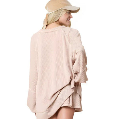 Women's Top and Skirt Set - Corded Lantern Sleeve Pullover with Ruffle Mini Skirt - minbolu -