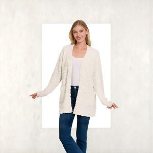 Zenana Long Sleeve Popcorn Sweater Cardigan with Pockets - Knit Cardigan - minbolu